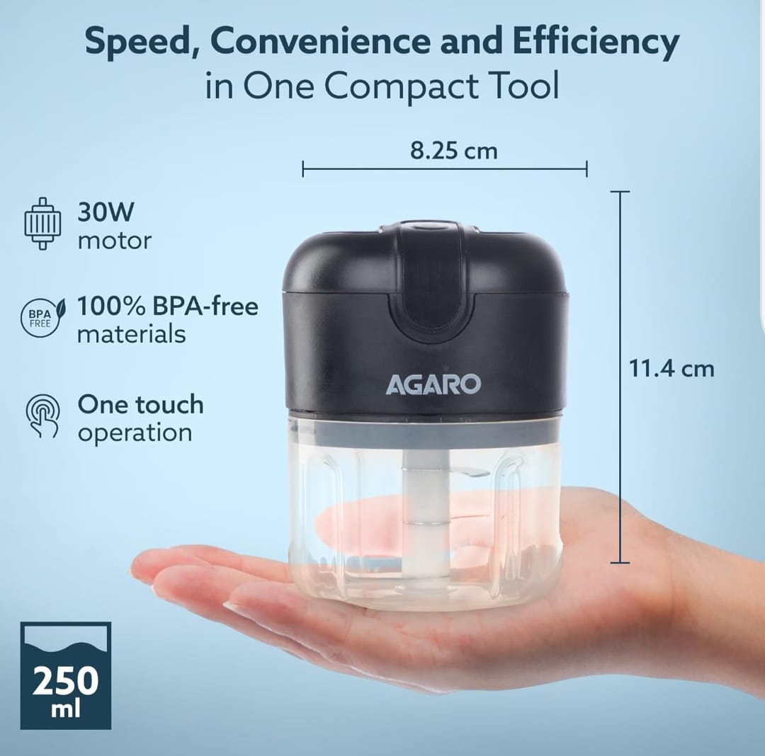 AGARO Elite Rechargeable Mini Electric Chopper, Food Grade Bowl, Stainless Steel Blades, One Touch Operation, for Mincing Garlic, Ginger, Onion, Vegetable, Meat, Nuts, 250 Ml, Black