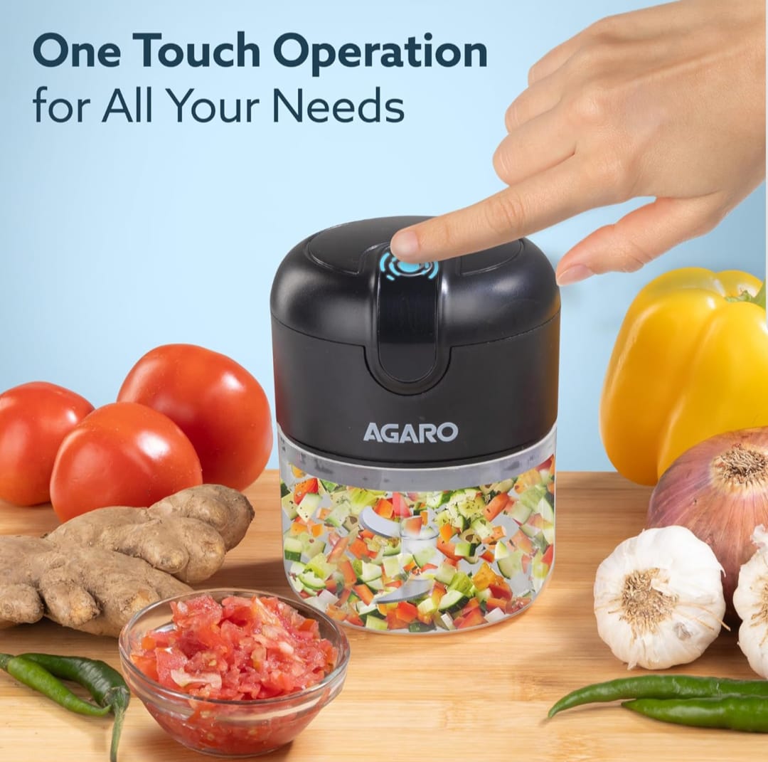 AGARO Elite Rechargeable Mini Electric Chopper, Food Grade Bowl, Stainless Steel Blades, One Touch Operation, for Mincing Garlic, Ginger, Onion, Vegetable, Meat, Nuts, 250 Ml, Black