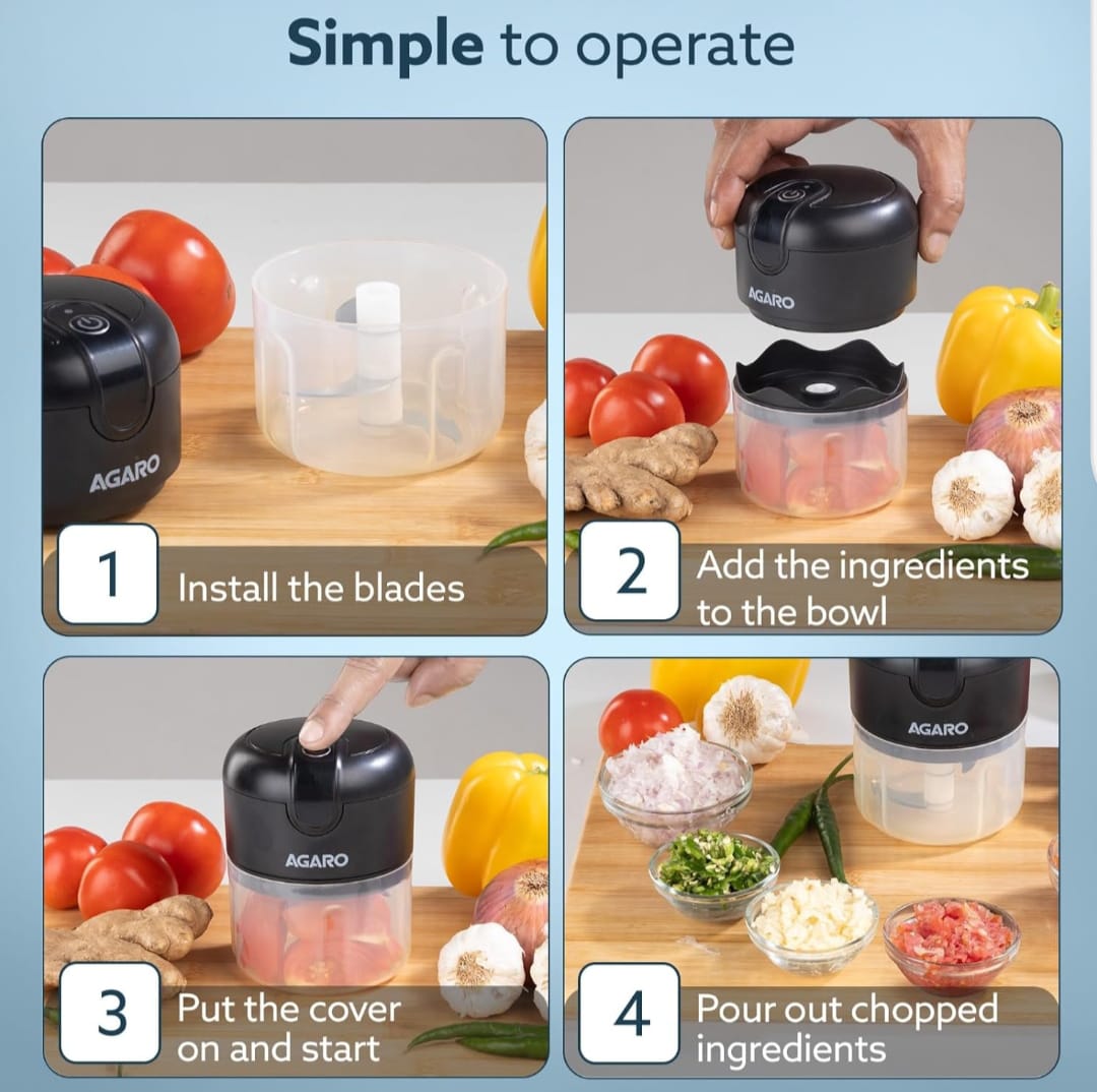 AGARO Elite Rechargeable Mini Electric Chopper, Food Grade Bowl, Stainless Steel Blades, One Touch Operation, for Mincing Garlic, Ginger, Onion, Vegetable, Meat, Nuts, 250 Ml, Black