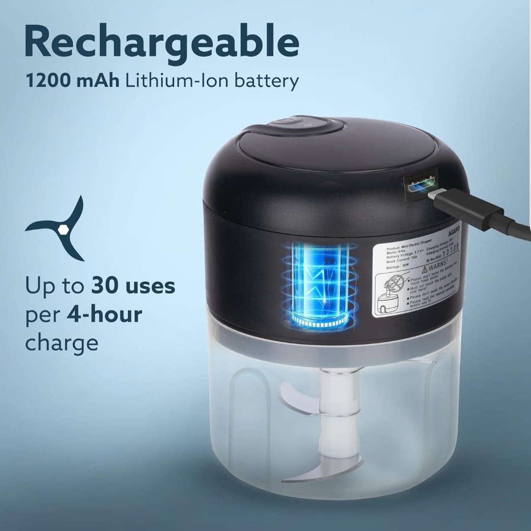 AGARO Elite Rechargeable Mini Electric Chopper, Food Grade Bowl, Stainless Steel Blades, One Touch Operation, for Mincing Garlic, Ginger, Onion, Vegetable, Meat, Nuts, 250 Ml, Black