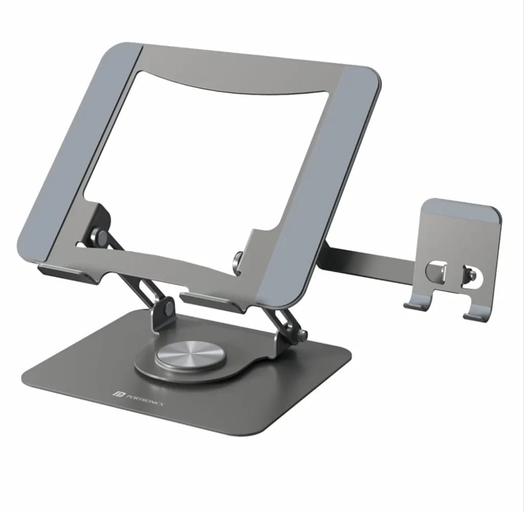 Portronics My Buddy K9 Pro 2-in-1 Laptop & Phone Stand with 360° Rotating Base, Adjustable Height & Angle, Foldable Metal Design, Heat Dissipation, Universal Fit for 10–15.6” Laptops