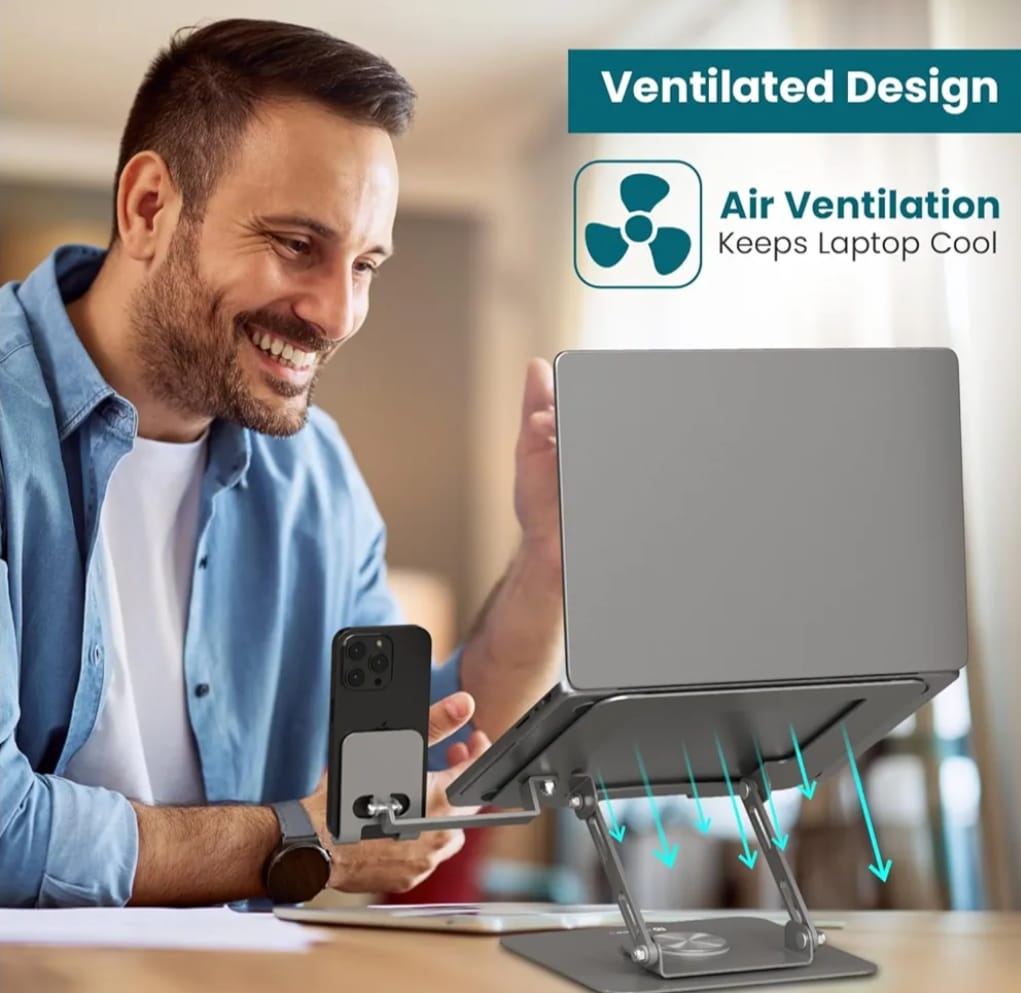 Portronics My Buddy K9 Pro 2-in-1 Laptop & Phone Stand with 360° Rotating Base, Adjustable Height & Angle, Foldable Metal Design, Heat Dissipation, Universal Fit for 10–15.6” Laptops