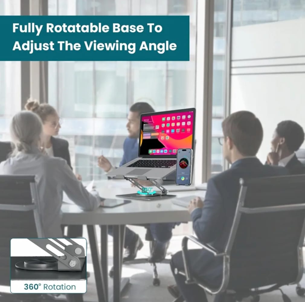 Portronics My Buddy K9 Pro 2-in-1 Laptop & Phone Stand with 360° Rotating Base, Adjustable Height & Angle, Foldable Metal Design, Heat Dissipation, Universal Fit for 10–15.6” Laptops