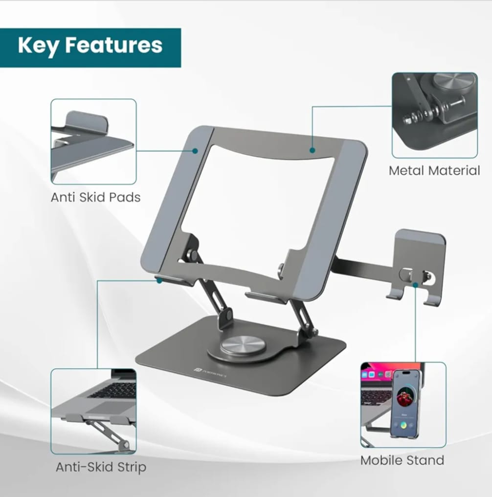 Portronics My Buddy K9 Pro 2-in-1 Laptop & Phone Stand with 360° Rotating Base, Adjustable Height & Angle, Foldable Metal Design, Heat Dissipation, Universal Fit for 10–15.6” Laptops