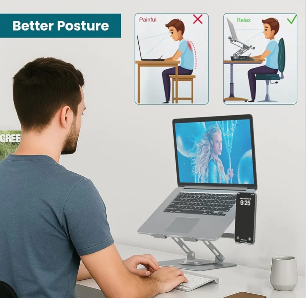 Portronics My Buddy K9 Pro 2-in-1 Laptop & Phone Stand with 360° Rotating Base, Adjustable Height & Angle, Foldable Metal Design, Heat Dissipation, Universal Fit for 10–15.6” Laptops