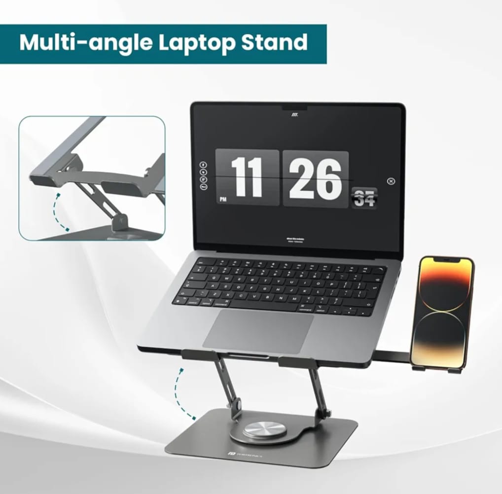 Portronics My Buddy K9 Pro 2-in-1 Laptop & Phone Stand with 360° Rotating Base, Adjustable Height & Angle, Foldable Metal Design, Heat Dissipation, Universal Fit for 10–15.6” Laptops