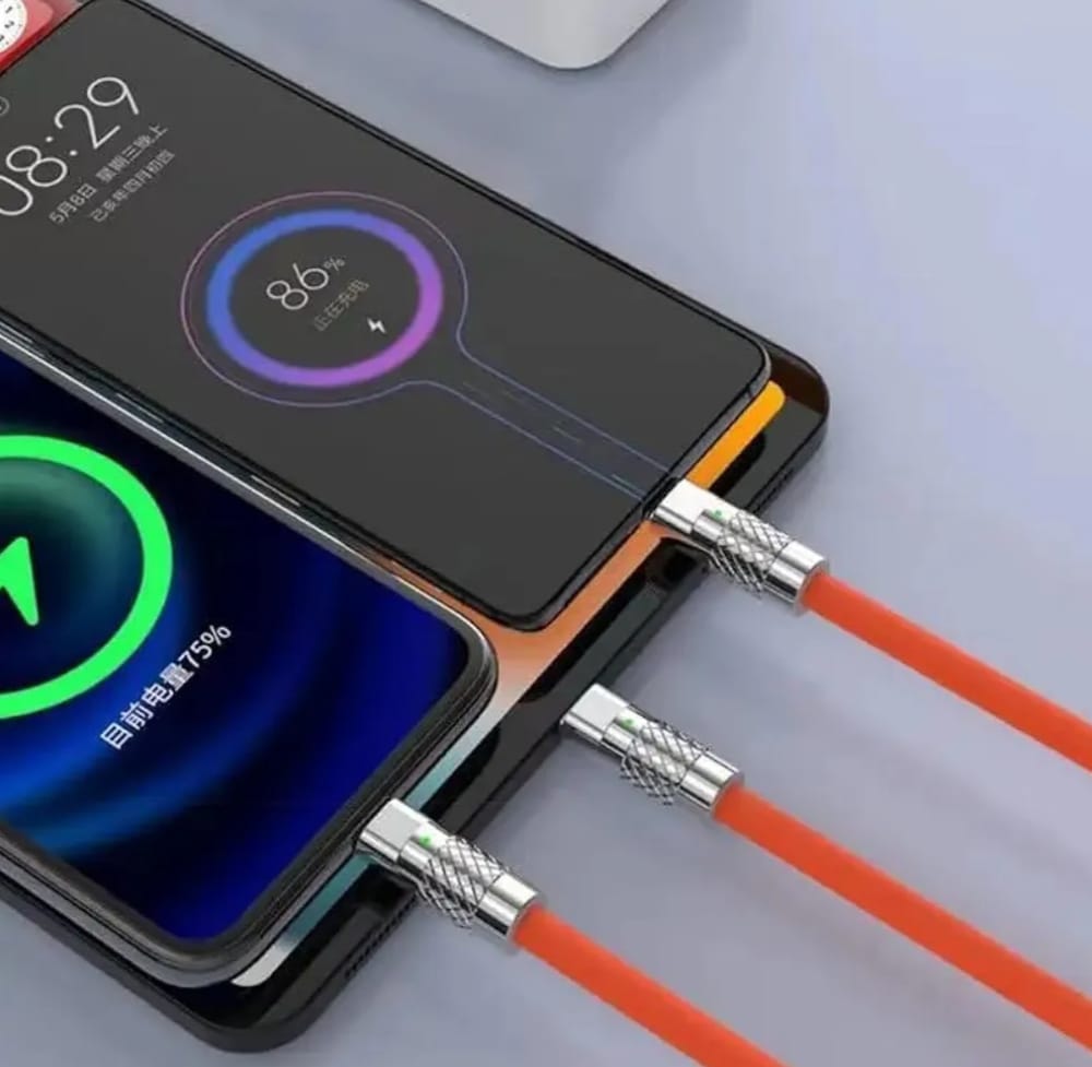 120W Charger Cable, 3 in 1 Fast Charging Data Cable, Portable Charger Cord with USB Type-C & Micro-USB Port for All Phones, Fast Charger Type-C Retractable USB Cable (3 in 1 Cable- Orange & Blue)
