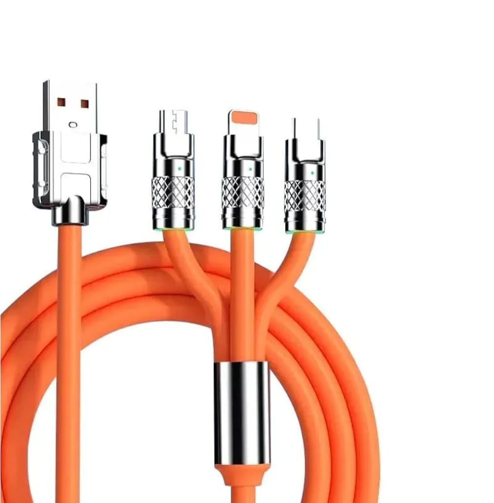 120W Charger Cable, 3 in 1 Fast Charging Data Cable, Portable Charger Cord with USB Type-C & Micro-USB Port for All Phones, Fast Charger Type-C Retractable USB Cable (3 in 1 Cable- Orange & Blue)